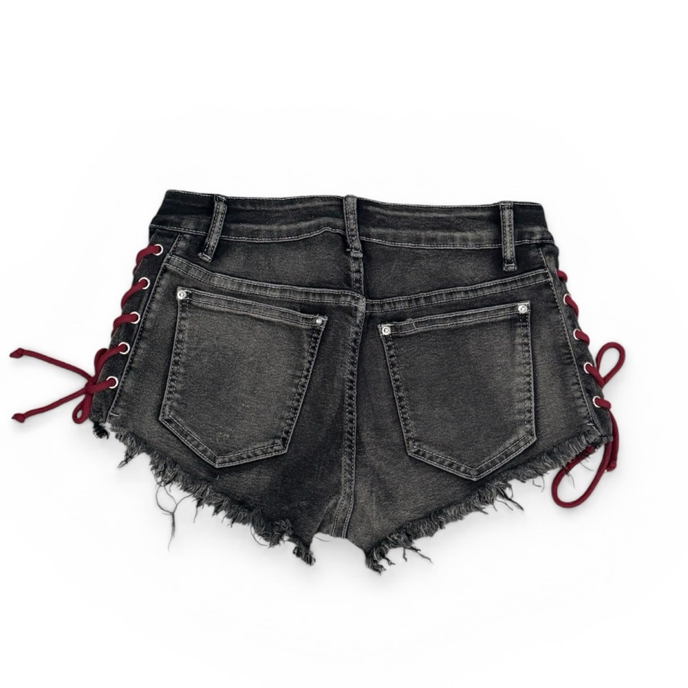 Y2K Patchwork Denim Shorts w/ Lace-Up Sides & Graphic – Festival/Rave - Picture 7 of 10